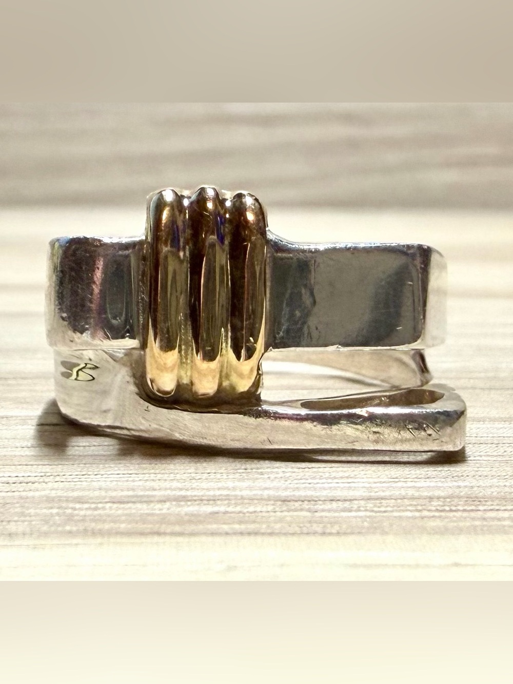 Vintage Designer Signed 950 Silver & 18K Gold Modernist Ring, Size 7.5, 7.4g - Picture 2 of 11